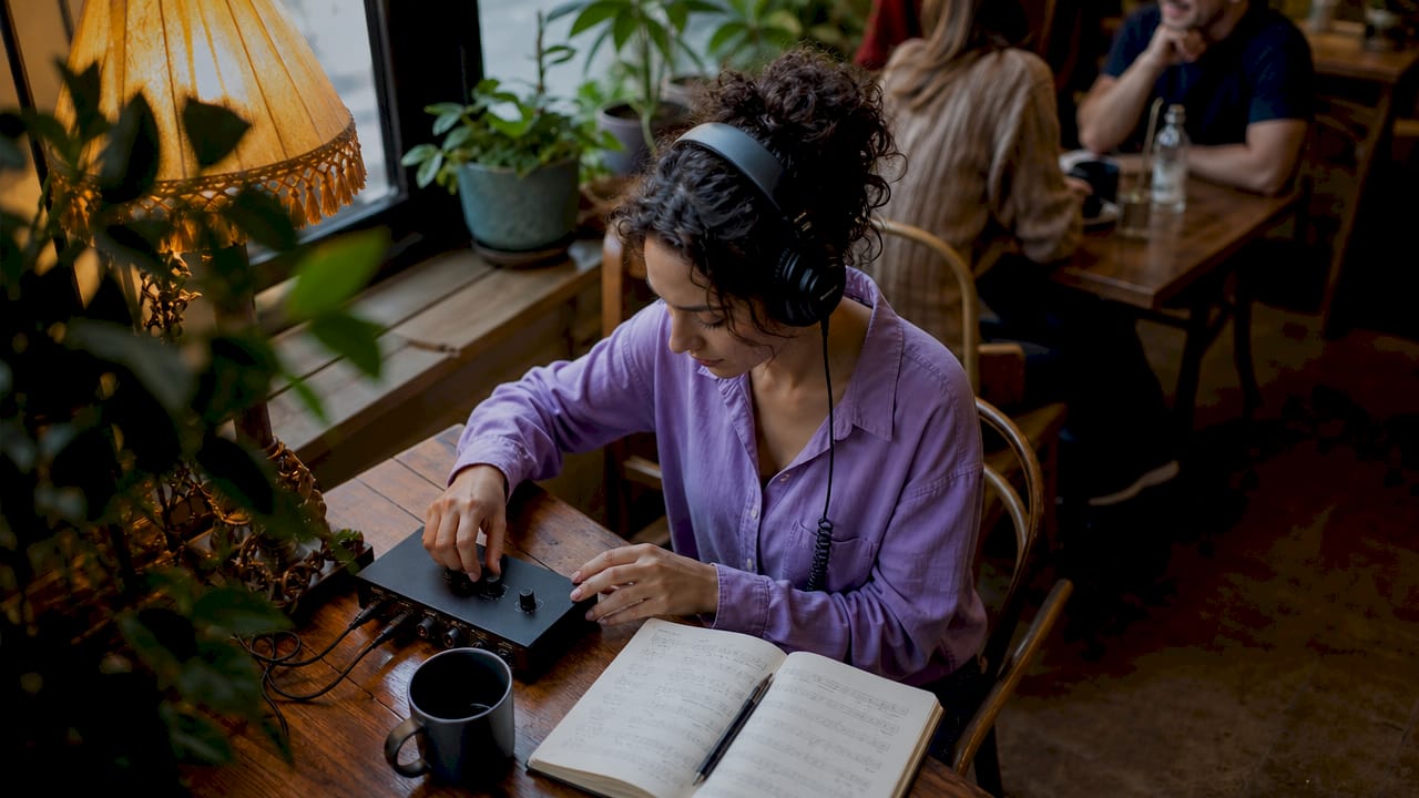 Researcher analyzing music audio with headphones