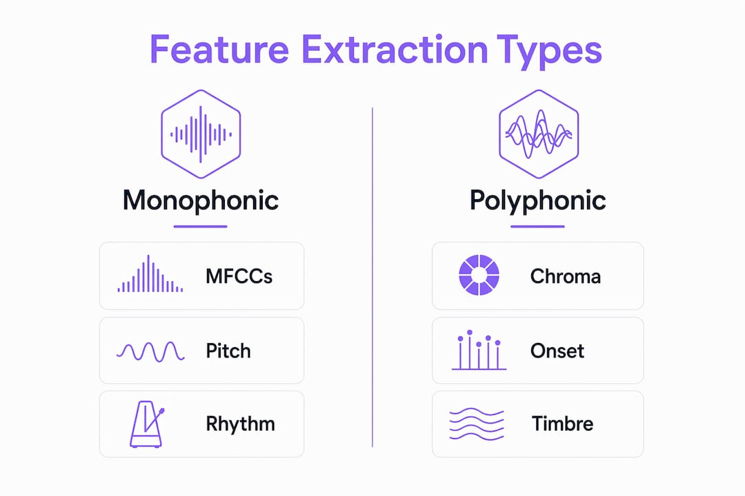 Infographic comparing monophonic and polyphonic MIR features