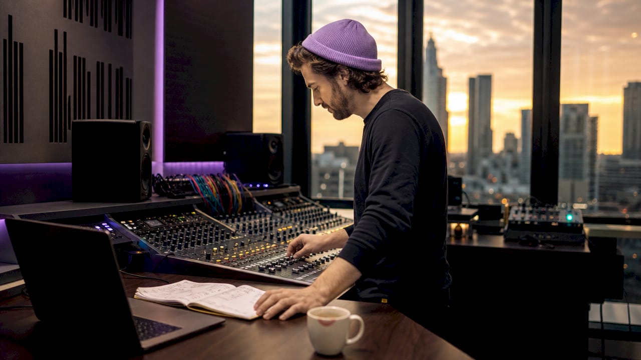 Engineer adjusting audio mixing console in studio