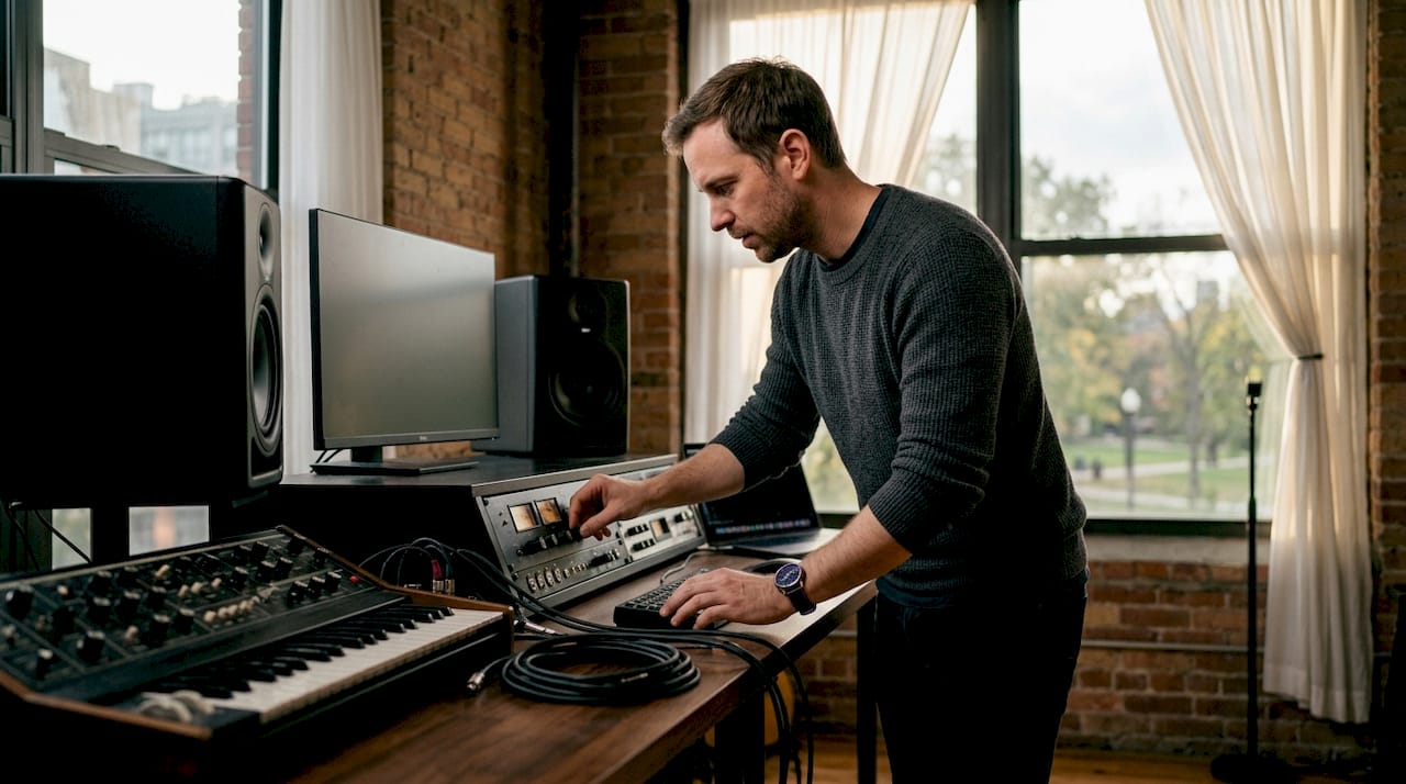 Audio engineer adjusting interface in studio
