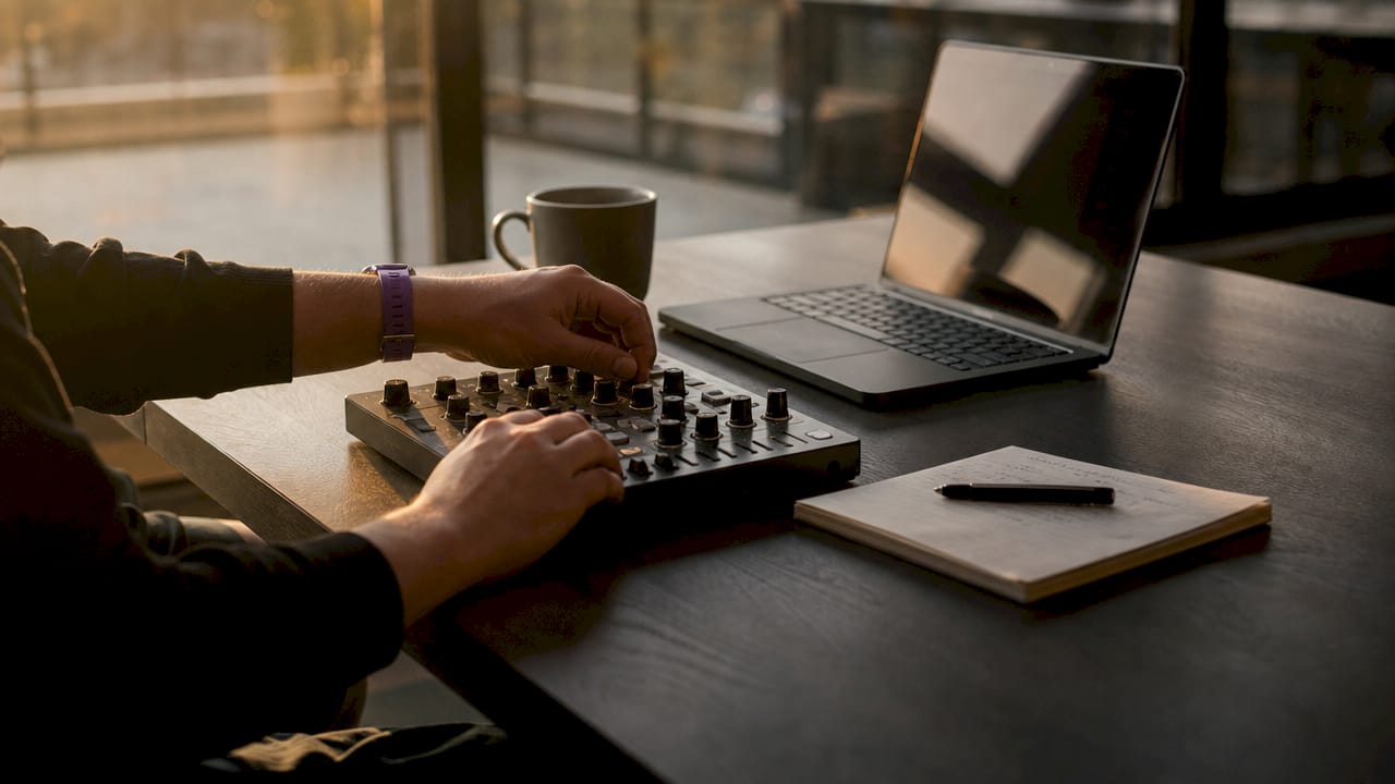 Hands operating audio console plugin controls in studio
