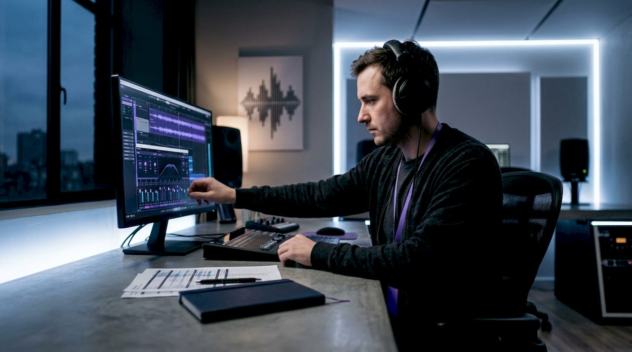 Audio engineer working on console emulation DSP in studio