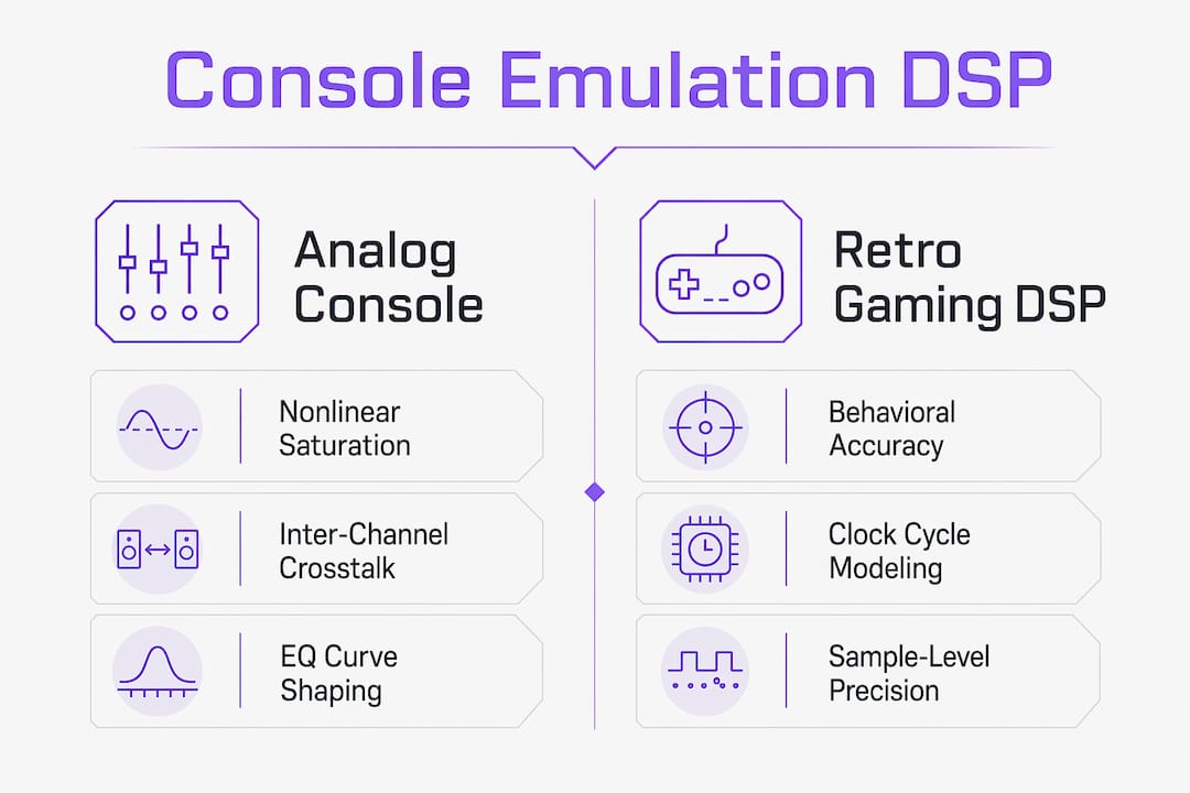 Infographic comparing analog console and retro gaming DSP emulation