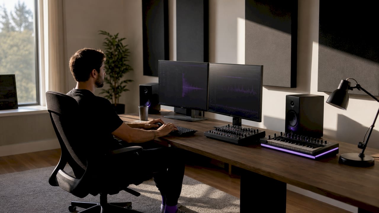 Engineer coding audio plugins at home office