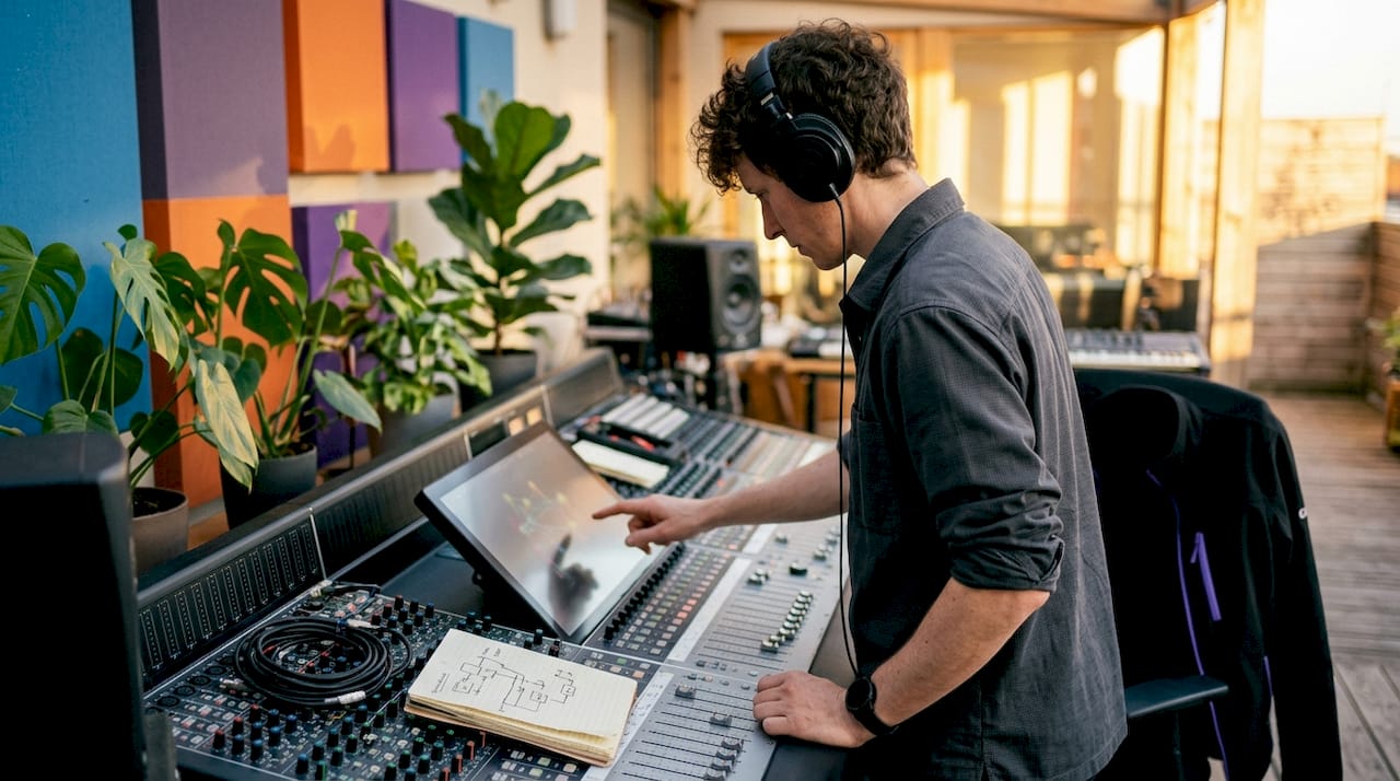 Sound engineer mapping audio graph in studio