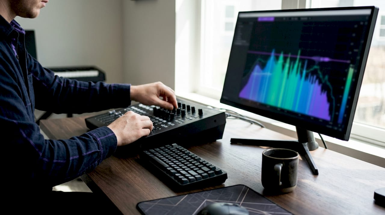 Hands adjusting audio metering controls with spectrum analyzer