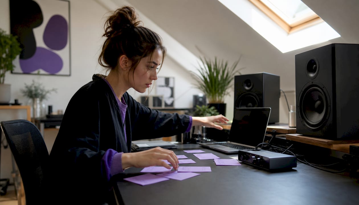 Producer working at home studio desk adjusting audio plugins