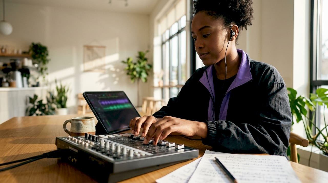 Music producer working on bus processing mixing console