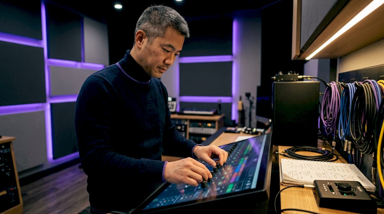 Hands adjusting bus compressor controls in studio