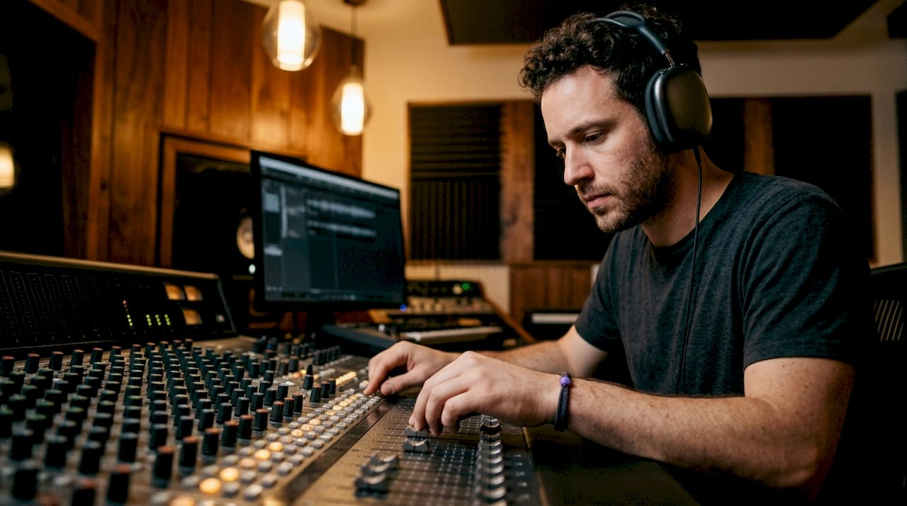 Music producer adjusting mixing console knobs
