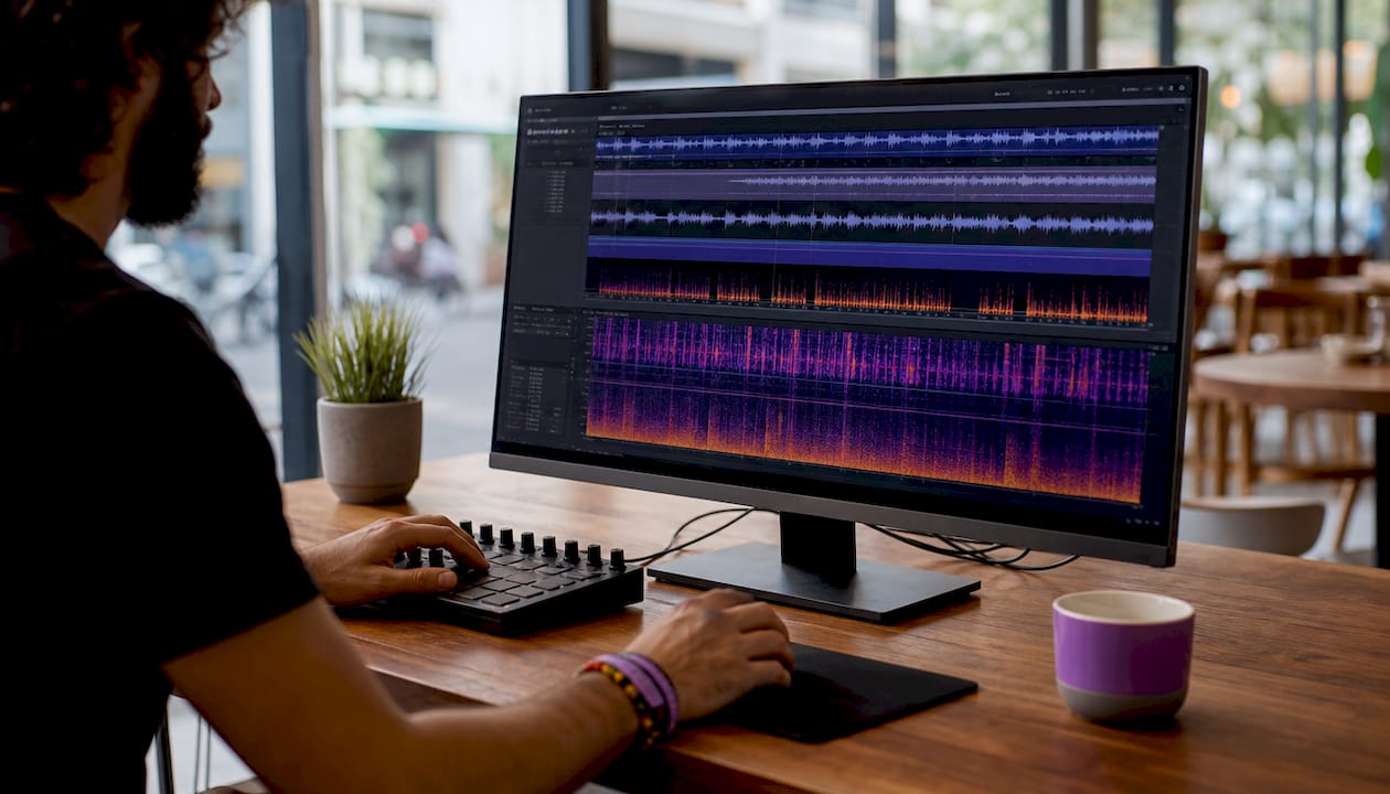 Hands working on audio waveform and spectrogram