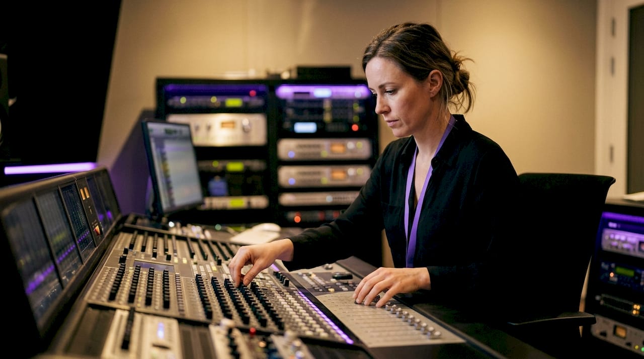 Sound technician adjusting controls in studio
