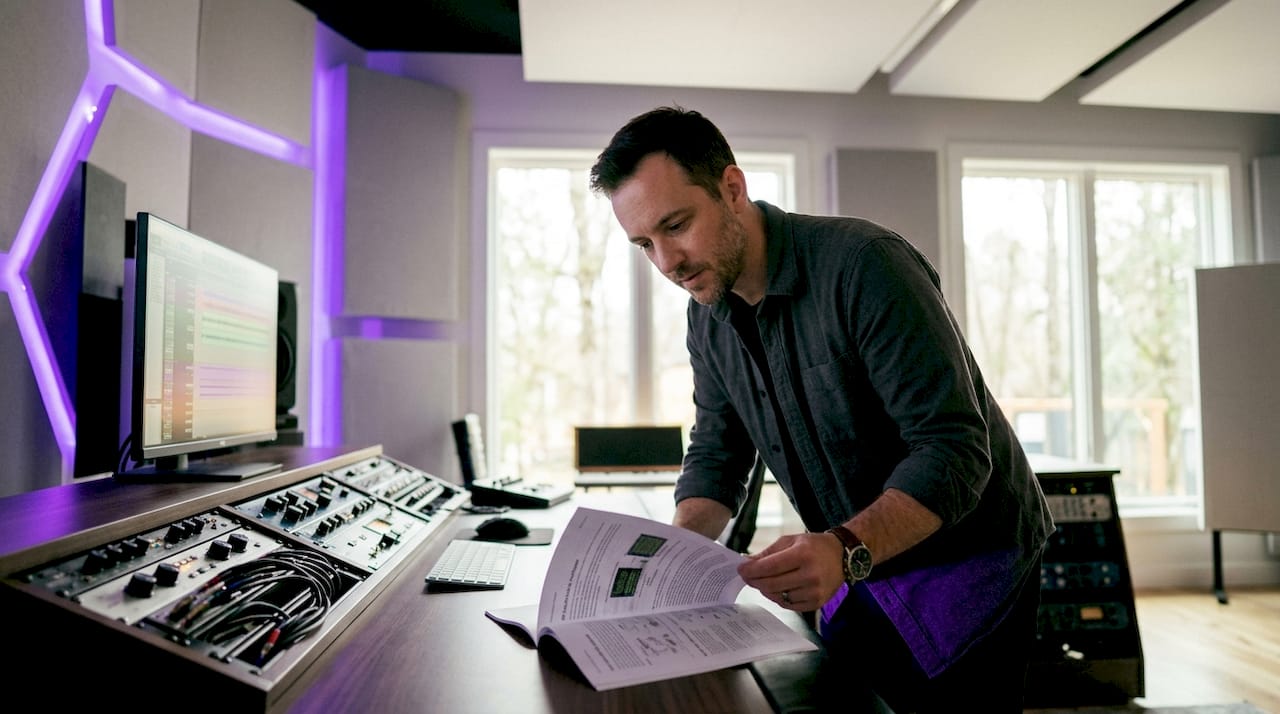 Audio engineer reviewing GPU architecture at desk