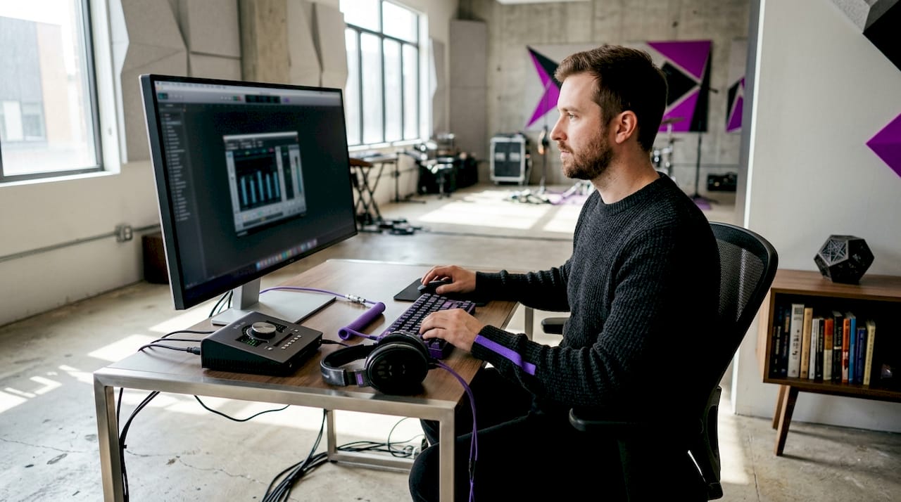 Audio producer using metering plugins in home studio