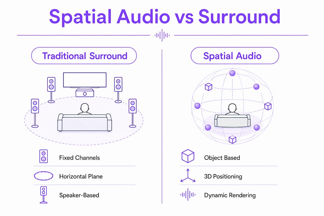 Infographic comparing spatial audio and traditional surround sound