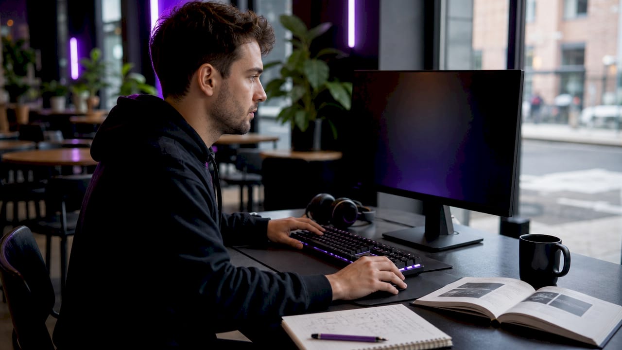 Hands setting audio plugins on computer in studio