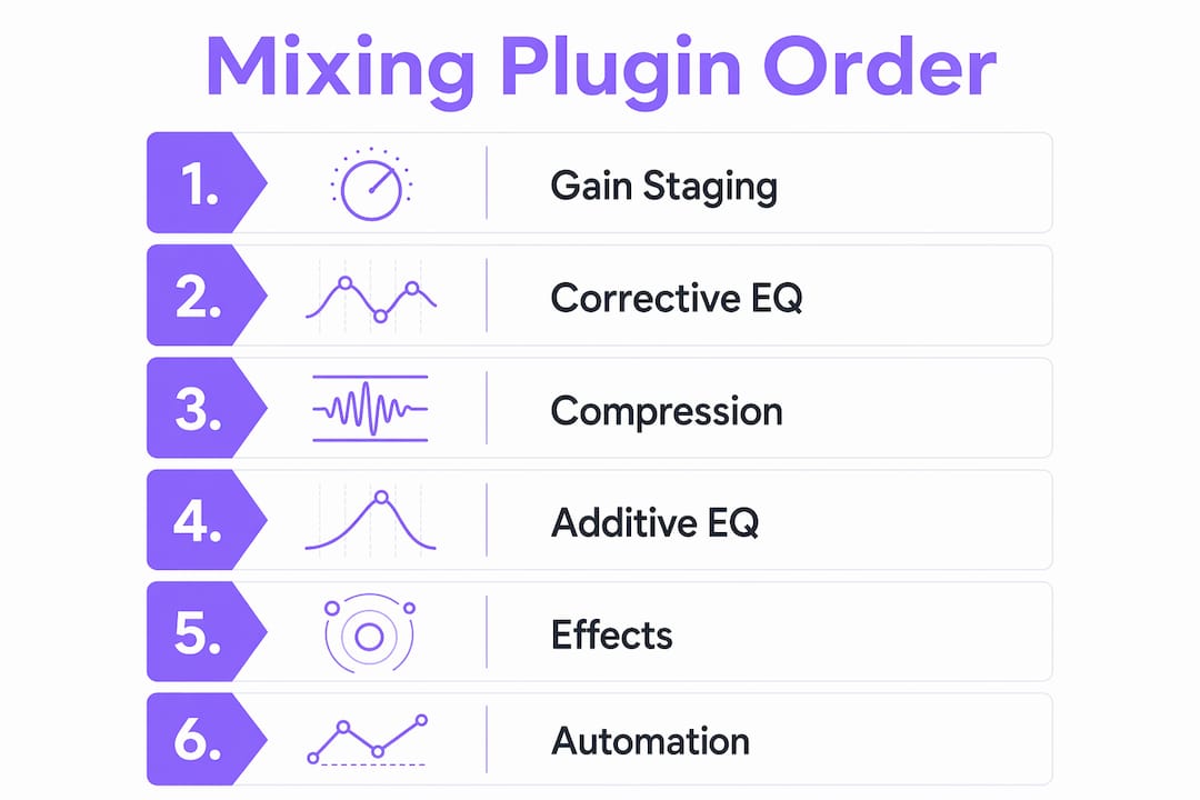 Infographic showing correct plugin order in mixing chain