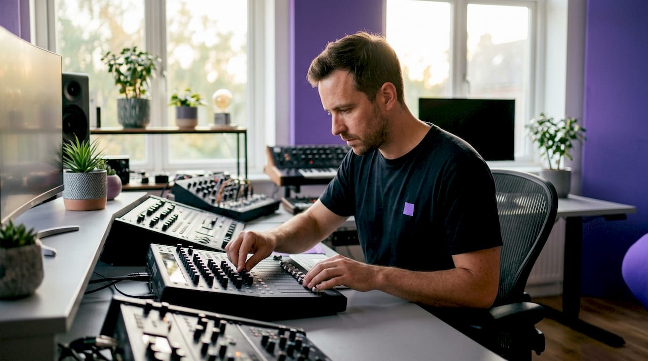 Music producer working with audio instruments and effects