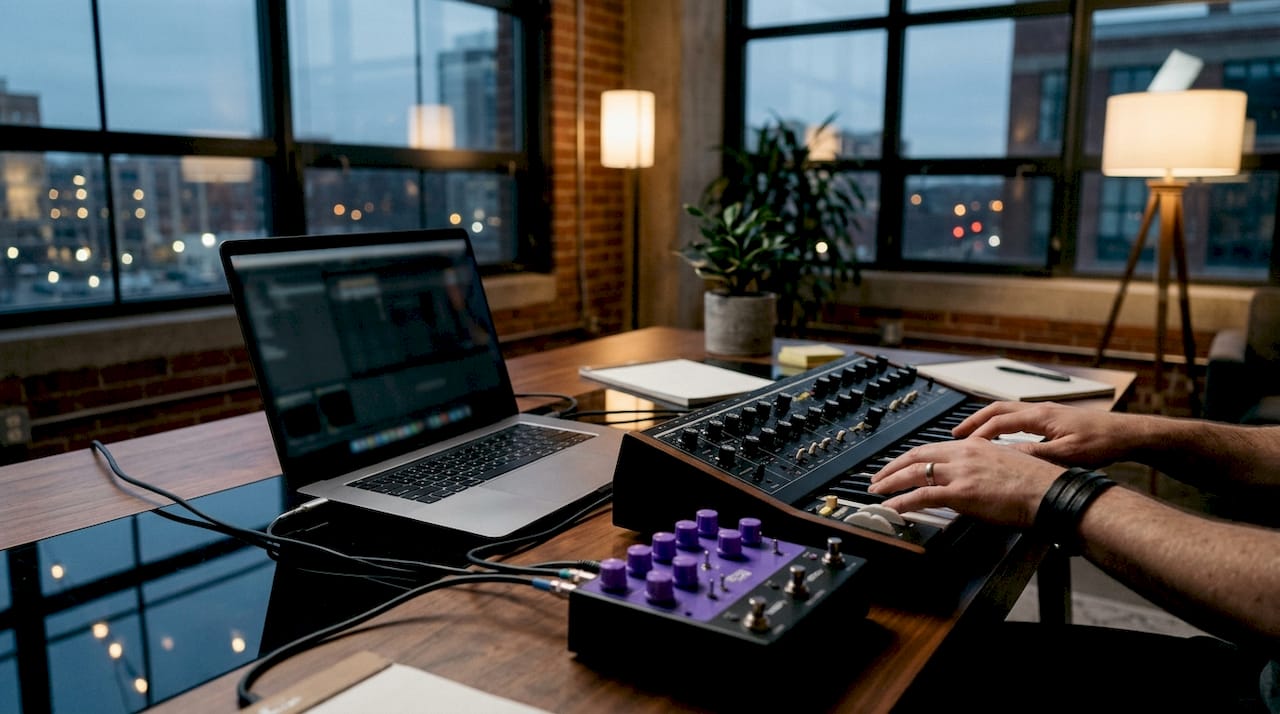 Hands adjusting audio effects beside virtual instrument