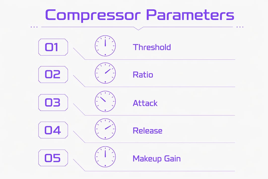 Infographic showing main audio compressor parameters in sequence