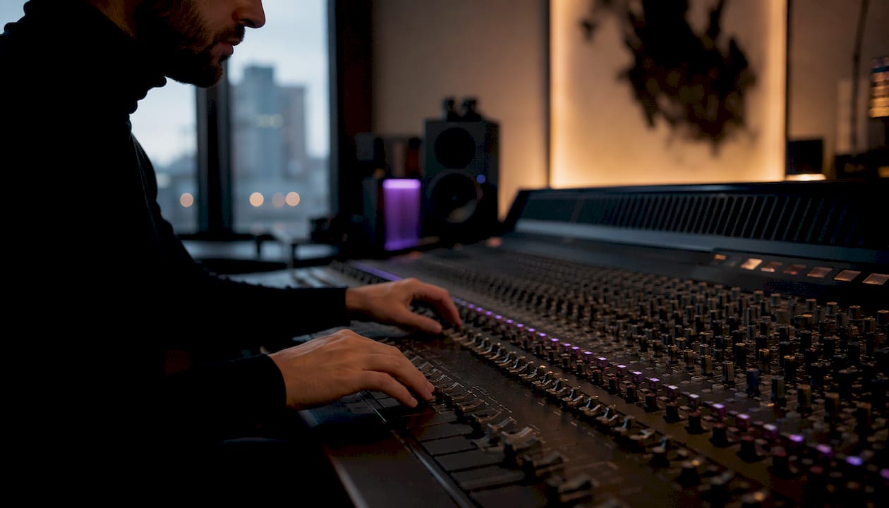 Hands adjusting mixing console controls