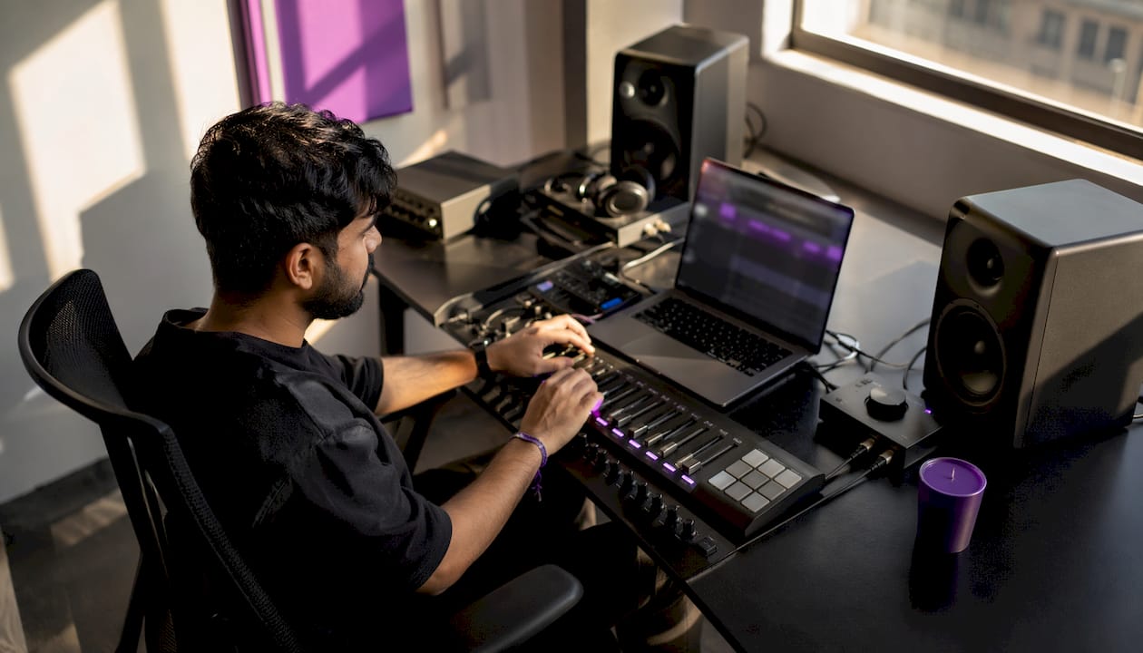 Music producer working at home studio desk