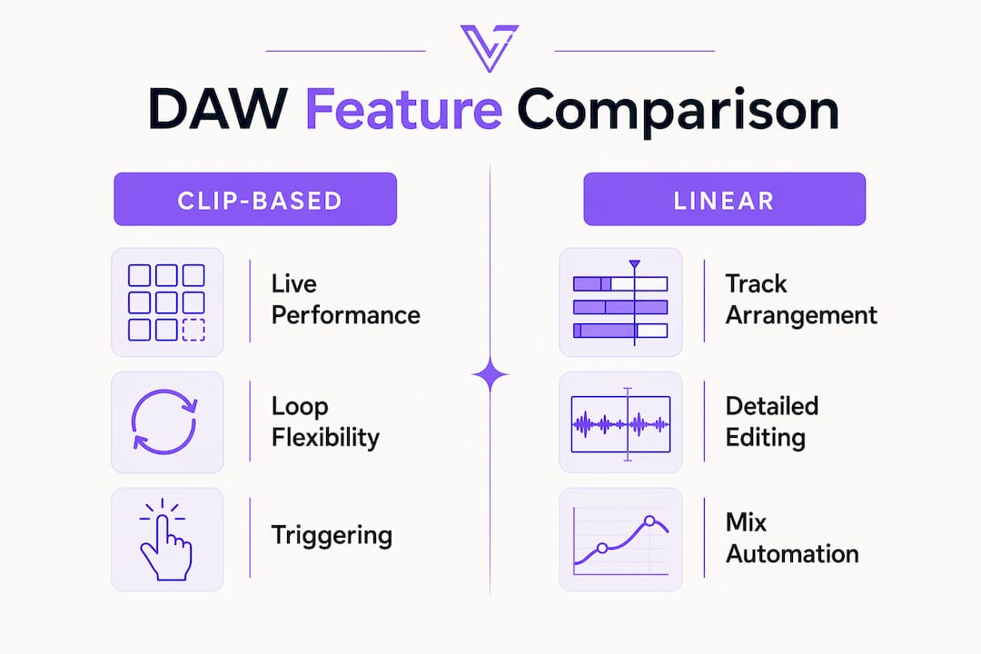 Infographic comparing clip-based and linear DAW features