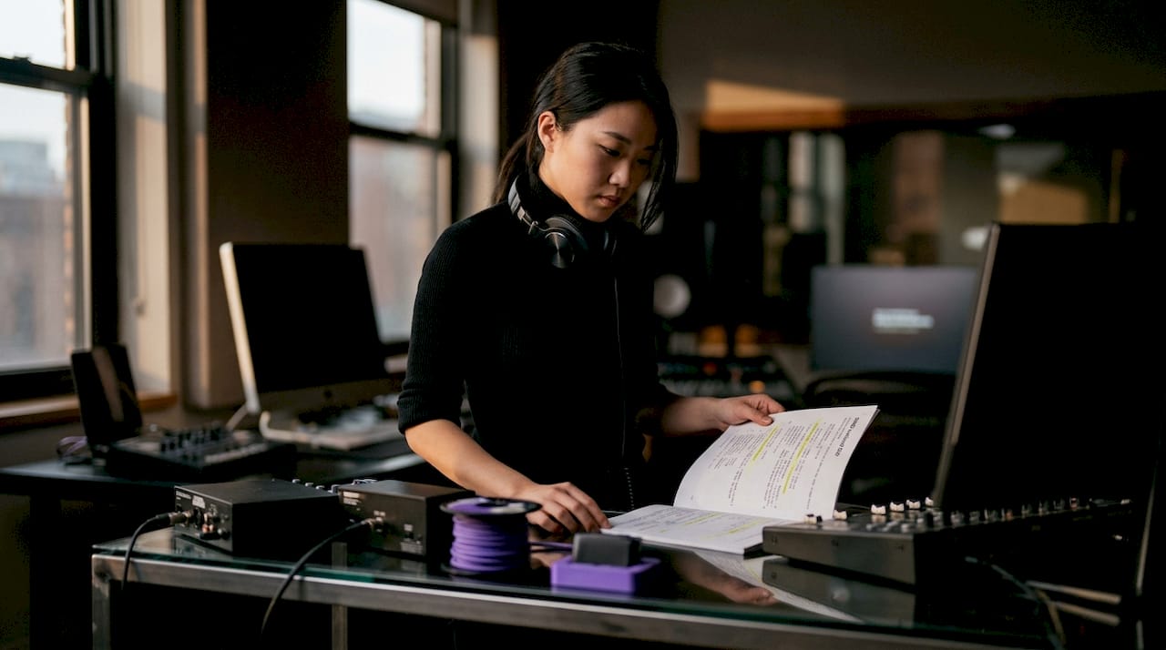 Audio engineer reviewing vectorized DSP code printouts