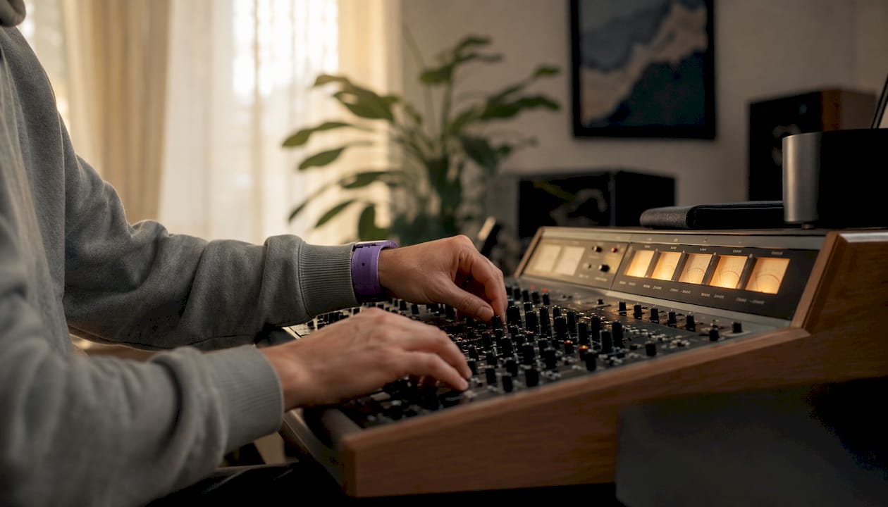 Hands adjusting audio mixing console controls