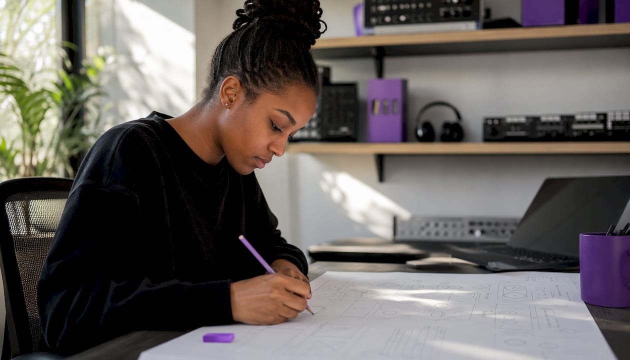 Developer sketching audio plugin UI layouts on paper