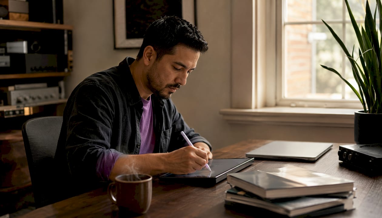UX designer writing plugin brief on digital tablet