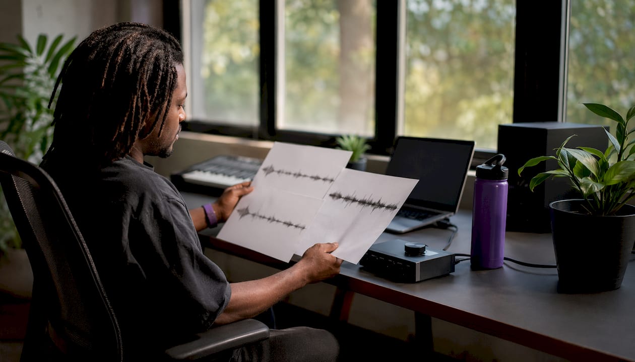Producer reviewing waveform samples on desk