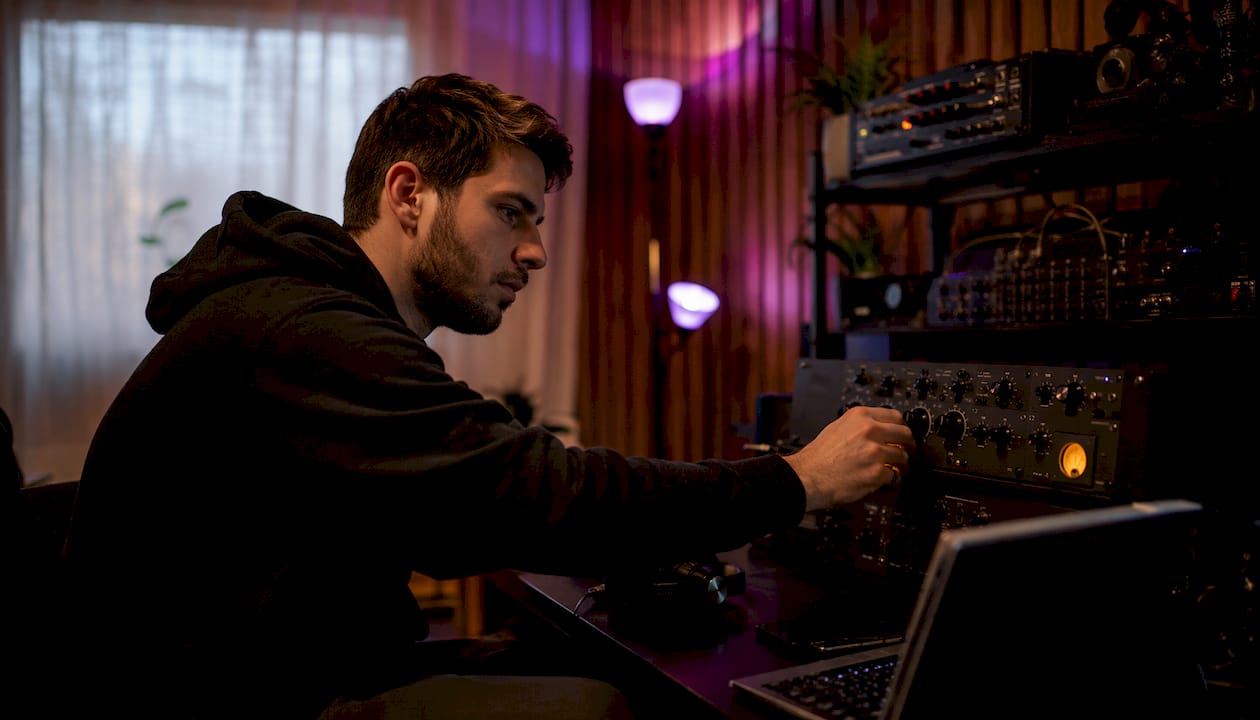 Audio engineer working with compressor on mixing desk