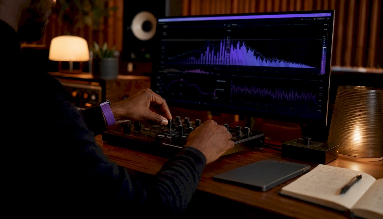 Hands adjusting DSP plugin on studio monitor