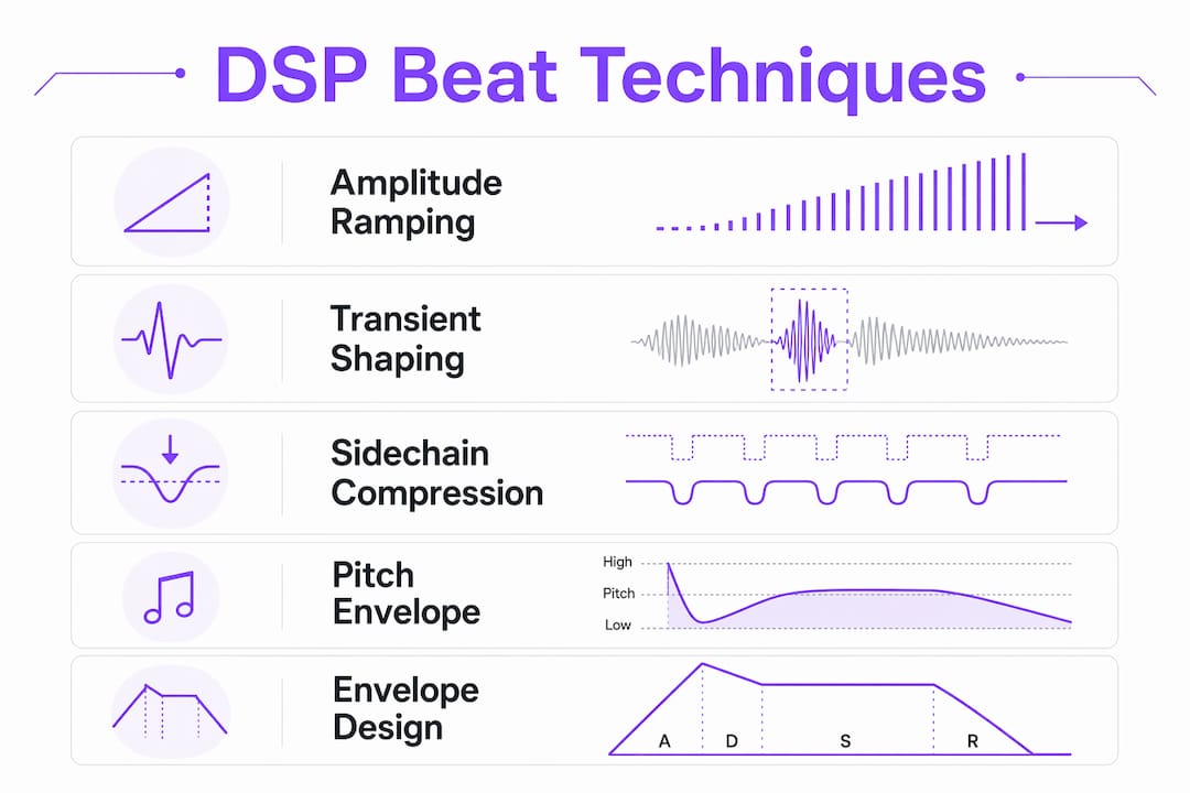 Infographic illustrating key DSP techniques for beat making