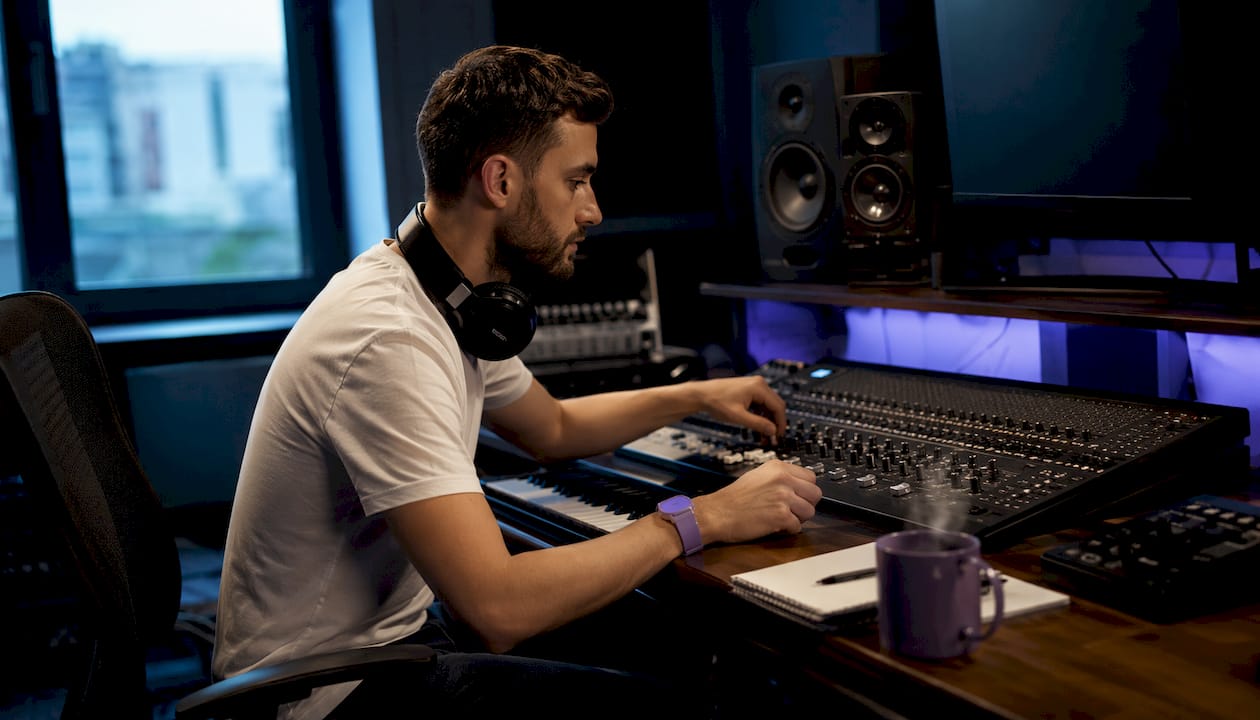 Audio producer adjusting sample rate in studio