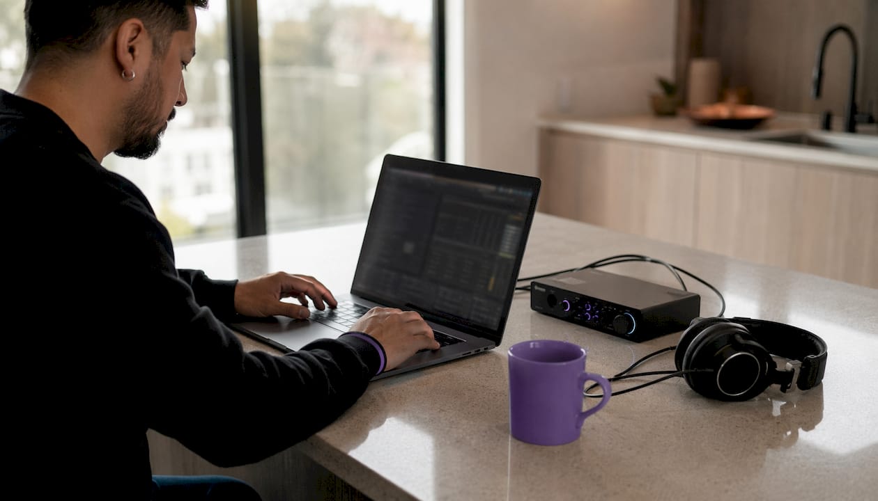 Producer adjusting resampling settings on laptop