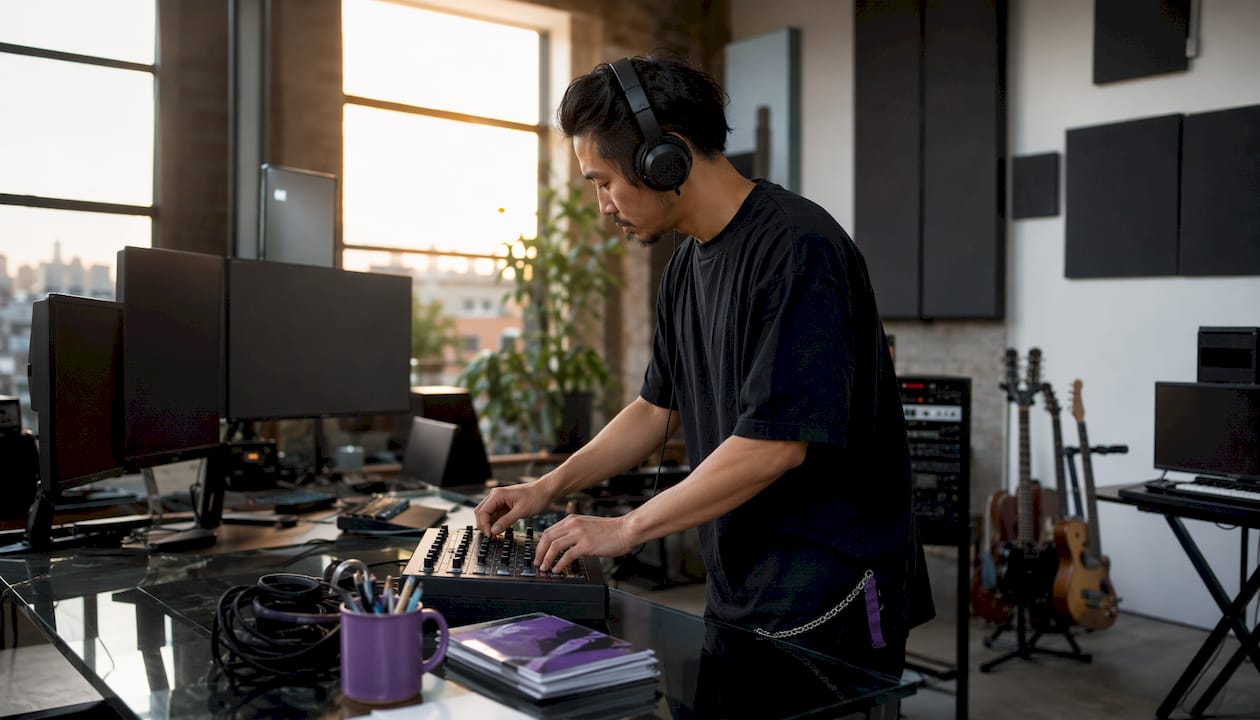Producer monitoring DAW CPU usage on studio computer