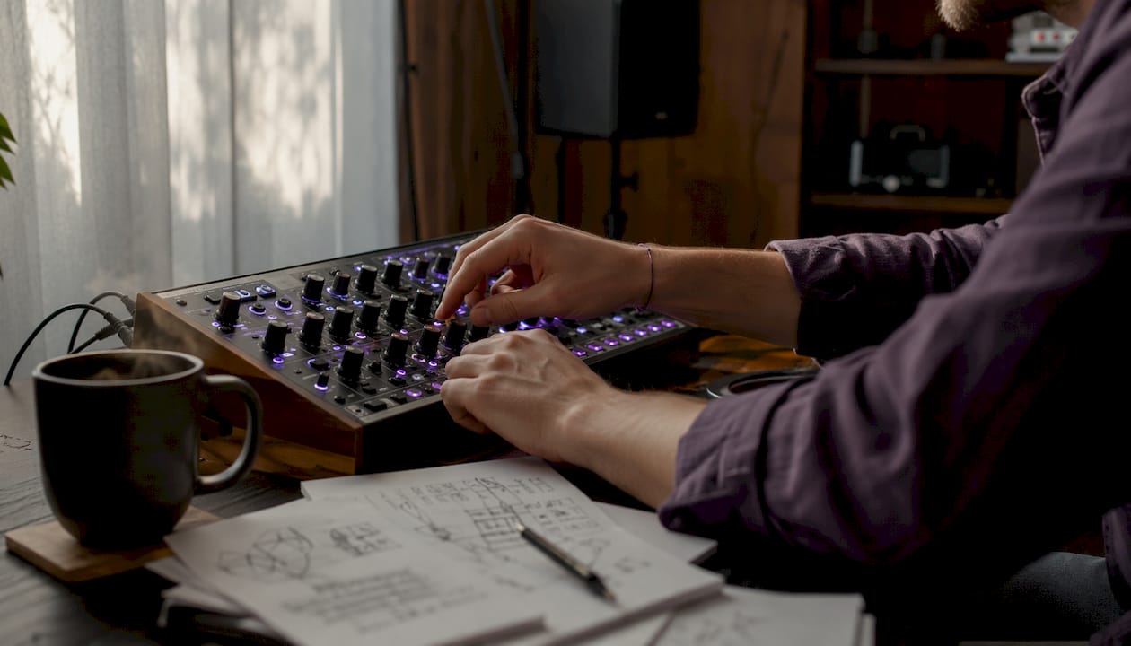Hands adjusting polyphonic synthesizer knobs