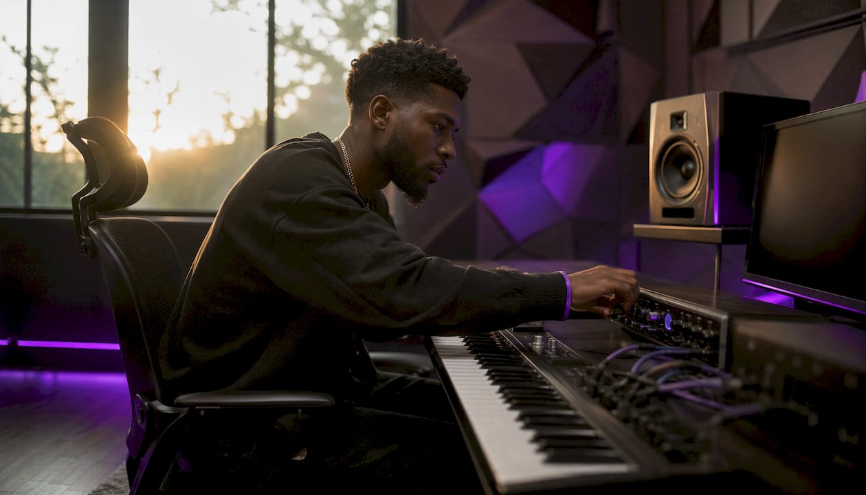 Music producer adjusting audio interface controls