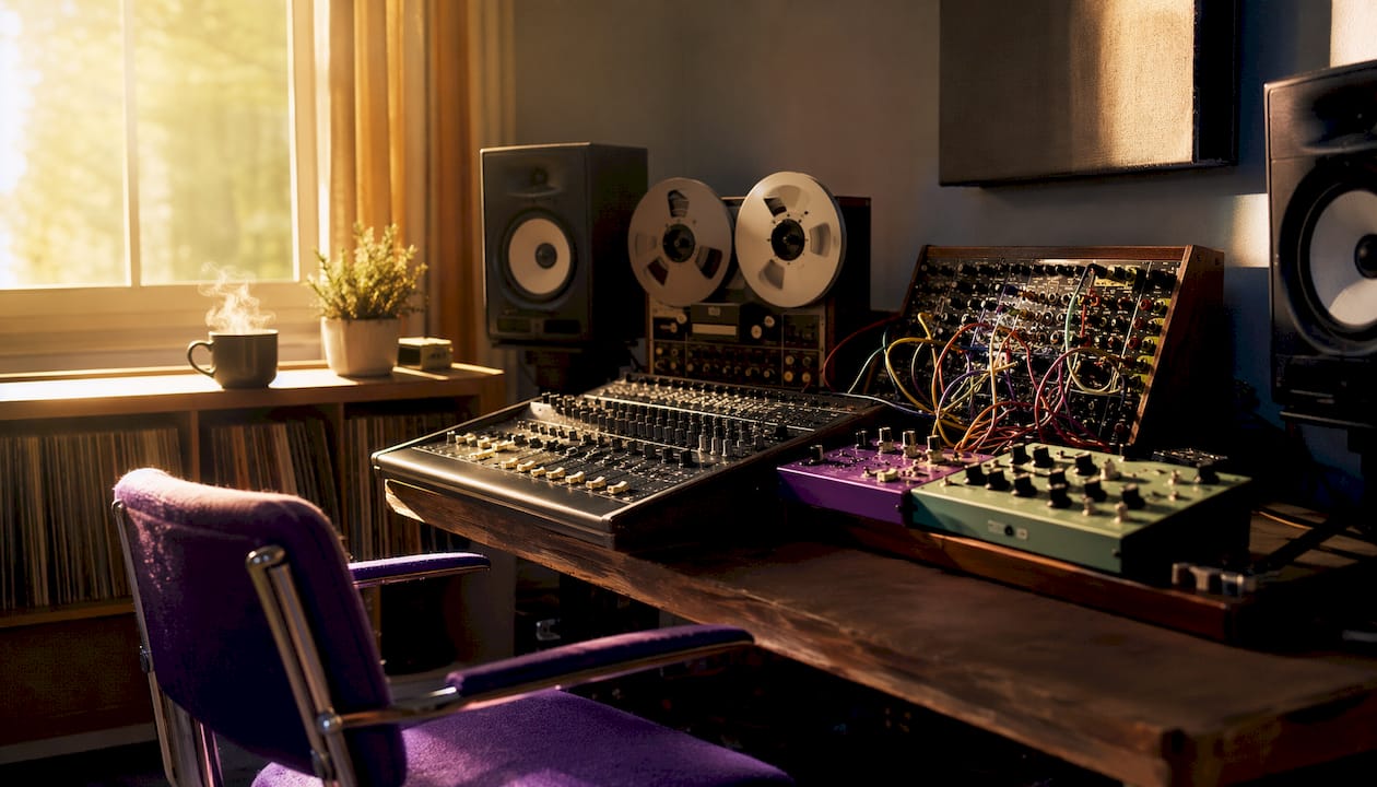 Close-up overhead of lo-fi audio hardware tools on desk