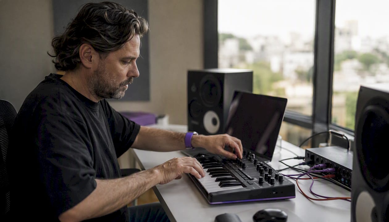 Hands using MIDI keyboard in home studio