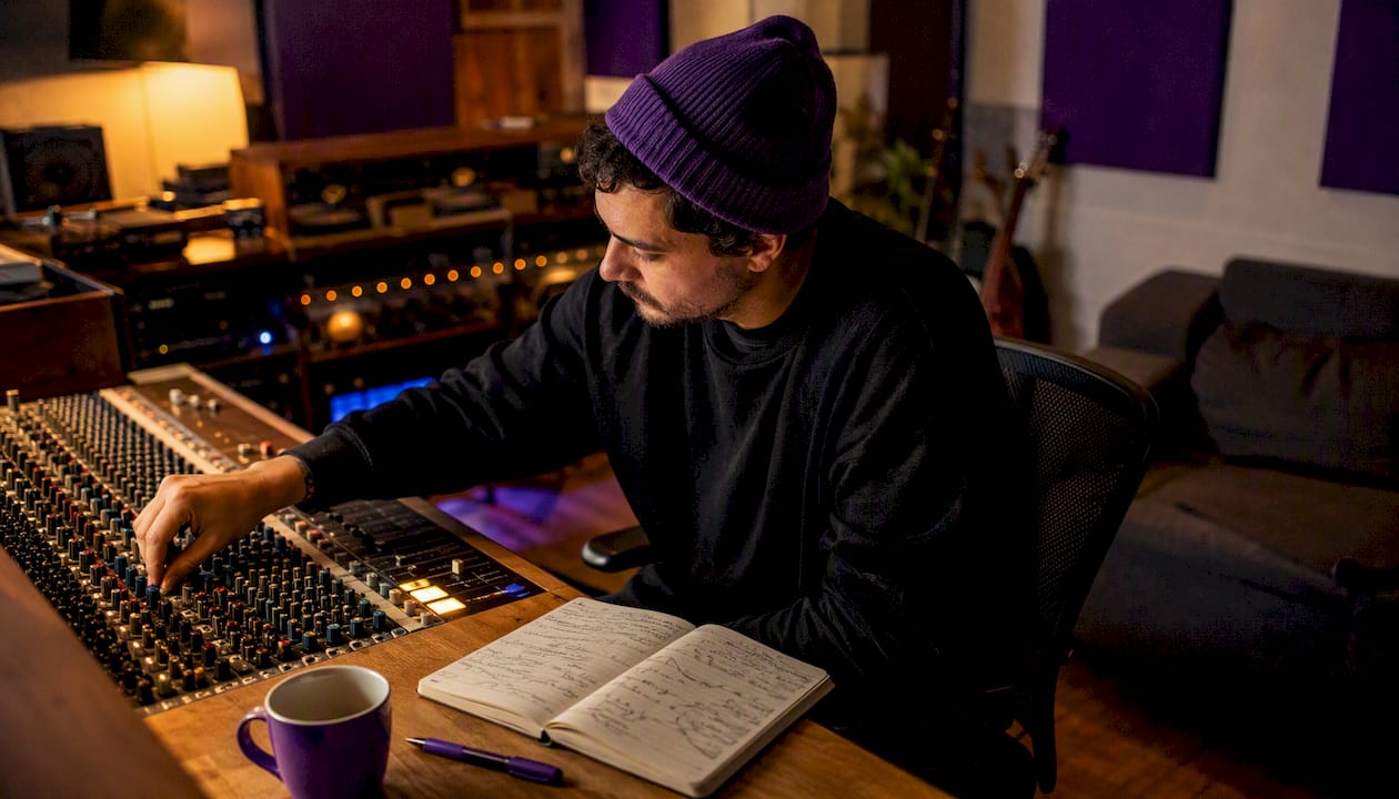 Audio engineer adjusting mixing console in studio
