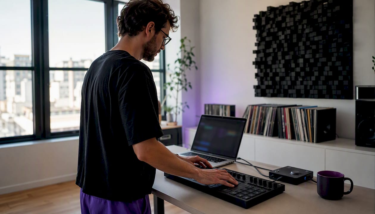 Hands operating MIDI controller and DAW plugins