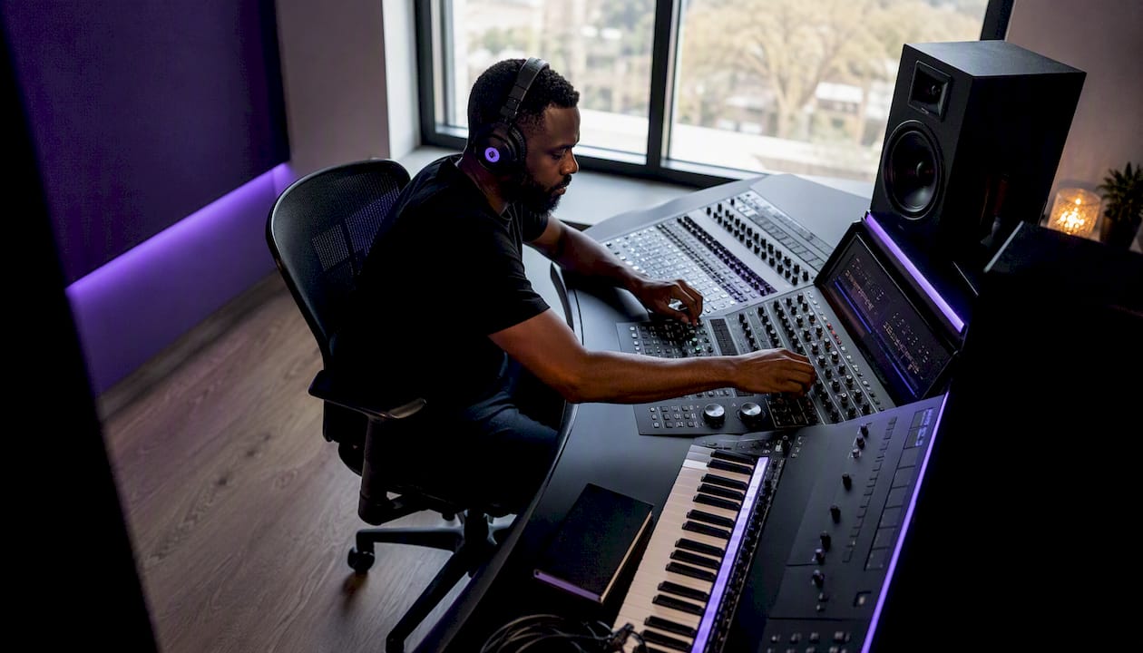 Producer adjusting audio plugin settings in home studio