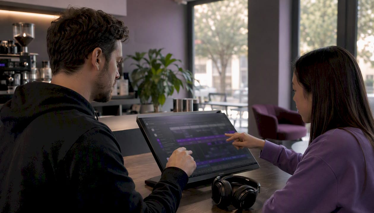 Hands working on music plugin selection on computer