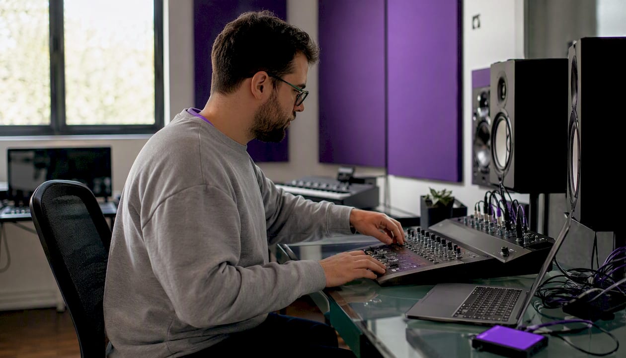 Audio engineer adjusting MIDI controller in home studio