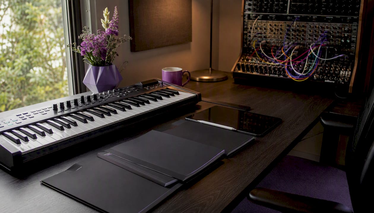 Overhead view of modular synth and production desk