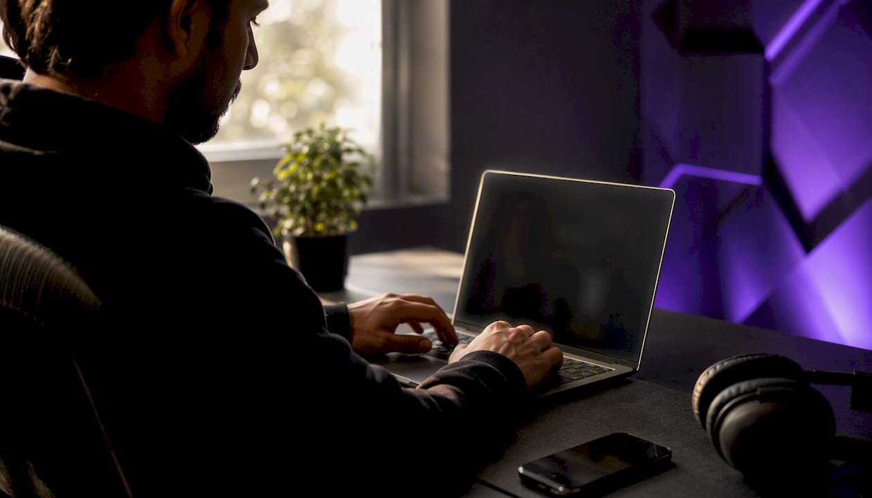 Hands near laptop in dark minimalist workspace