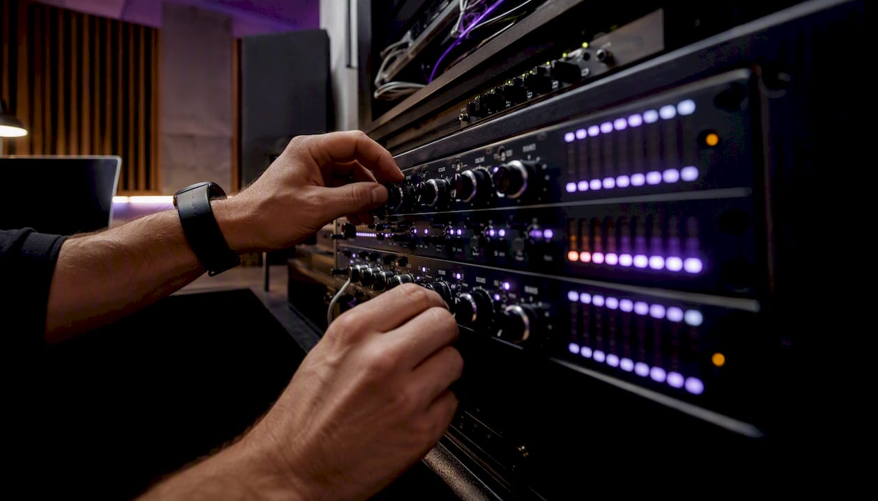 Hands adjusting multiband audio processor controls